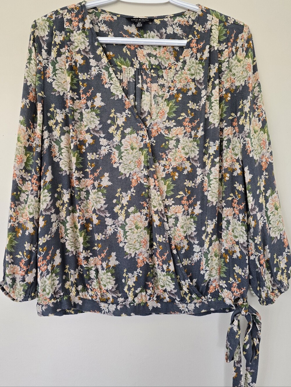 Lucky Brand Charcoal Floral Wrap Blouse with Peach & Green Accents